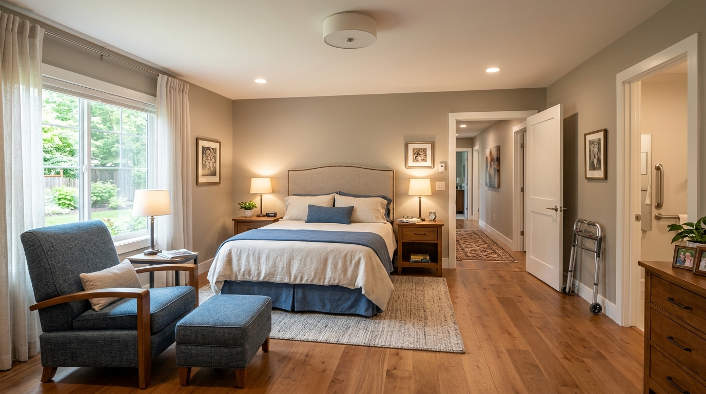Bedroom addition with universal design featuring accessible storage, appropriate seating, and lighting for aging family members