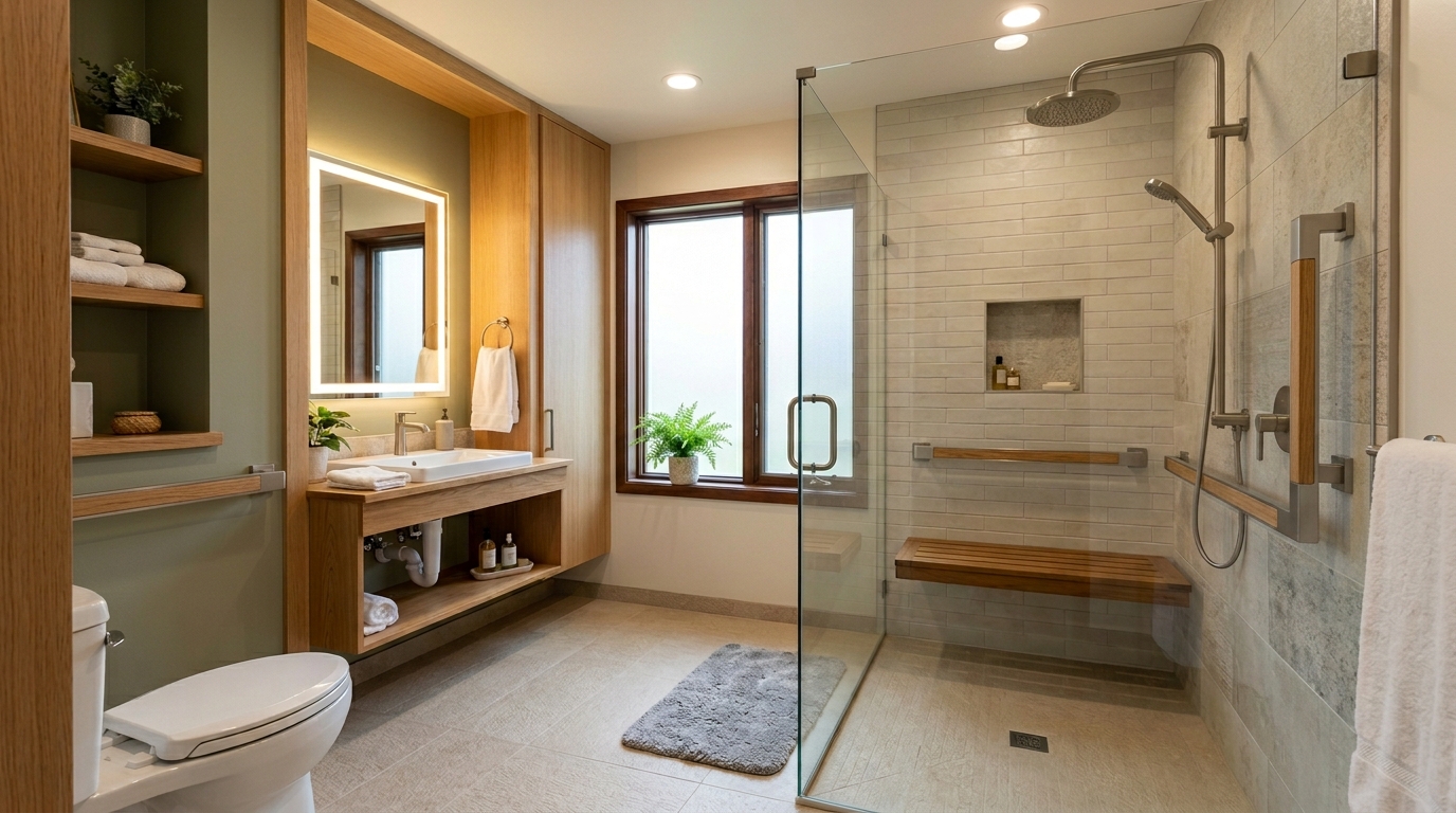 Accessible bathroom with universal design features including curbless shower and integrated grab bars for aging residents