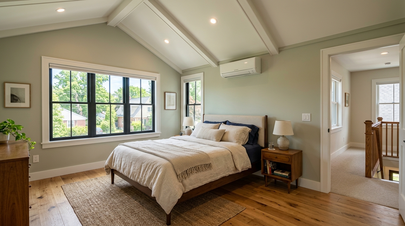 Completed second-story bedroom interior showing quality finishing and integration with existing home