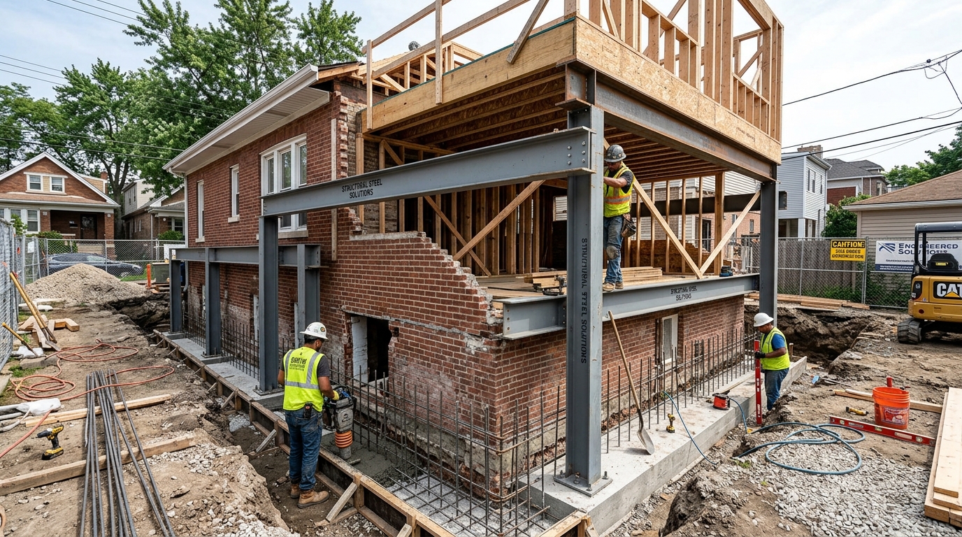 Foundation reinforcement and structural support work for second-story addition in Chicago