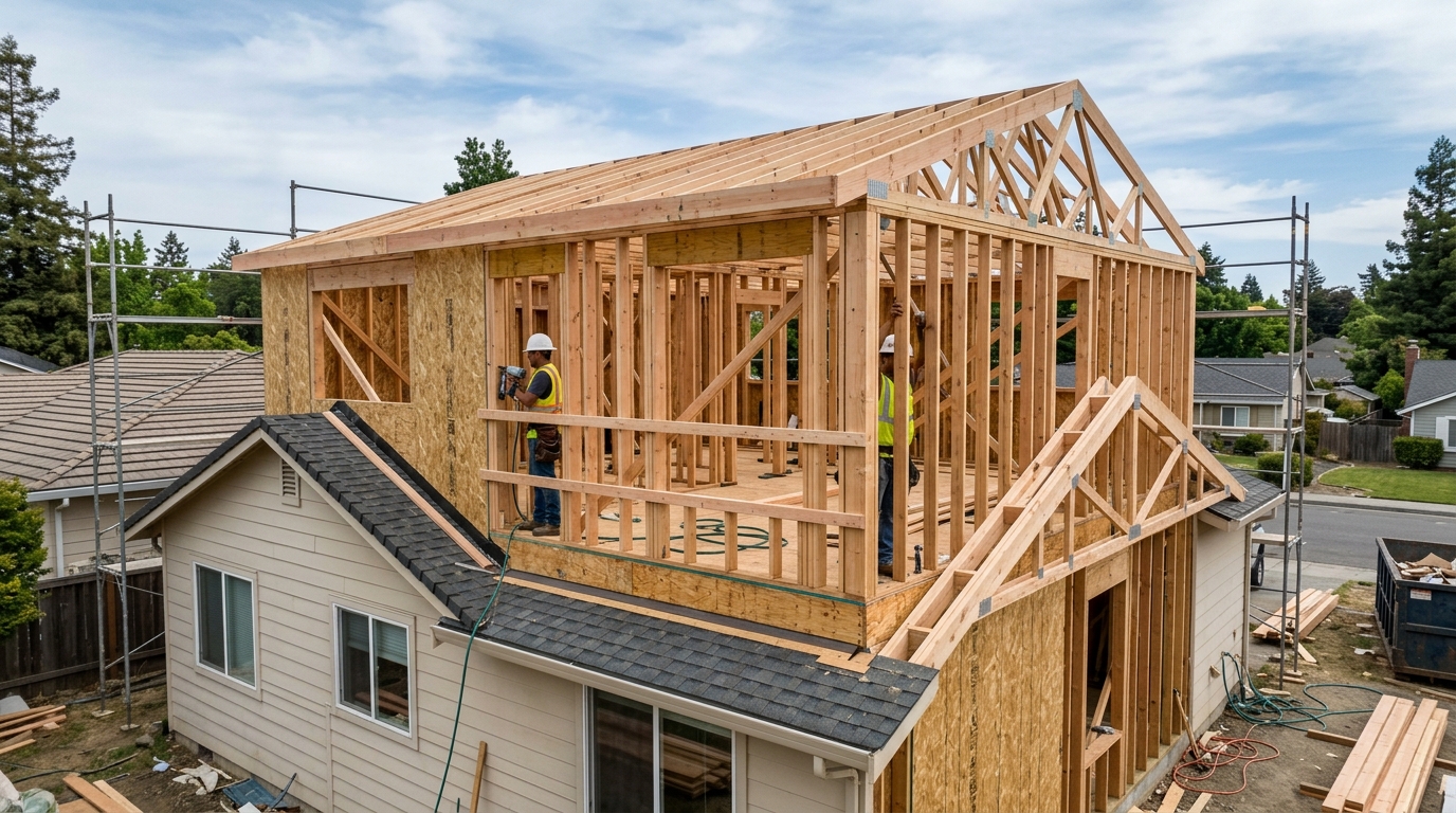 Second-story addition framing showing structural work and roof integration for Chicago home expansion