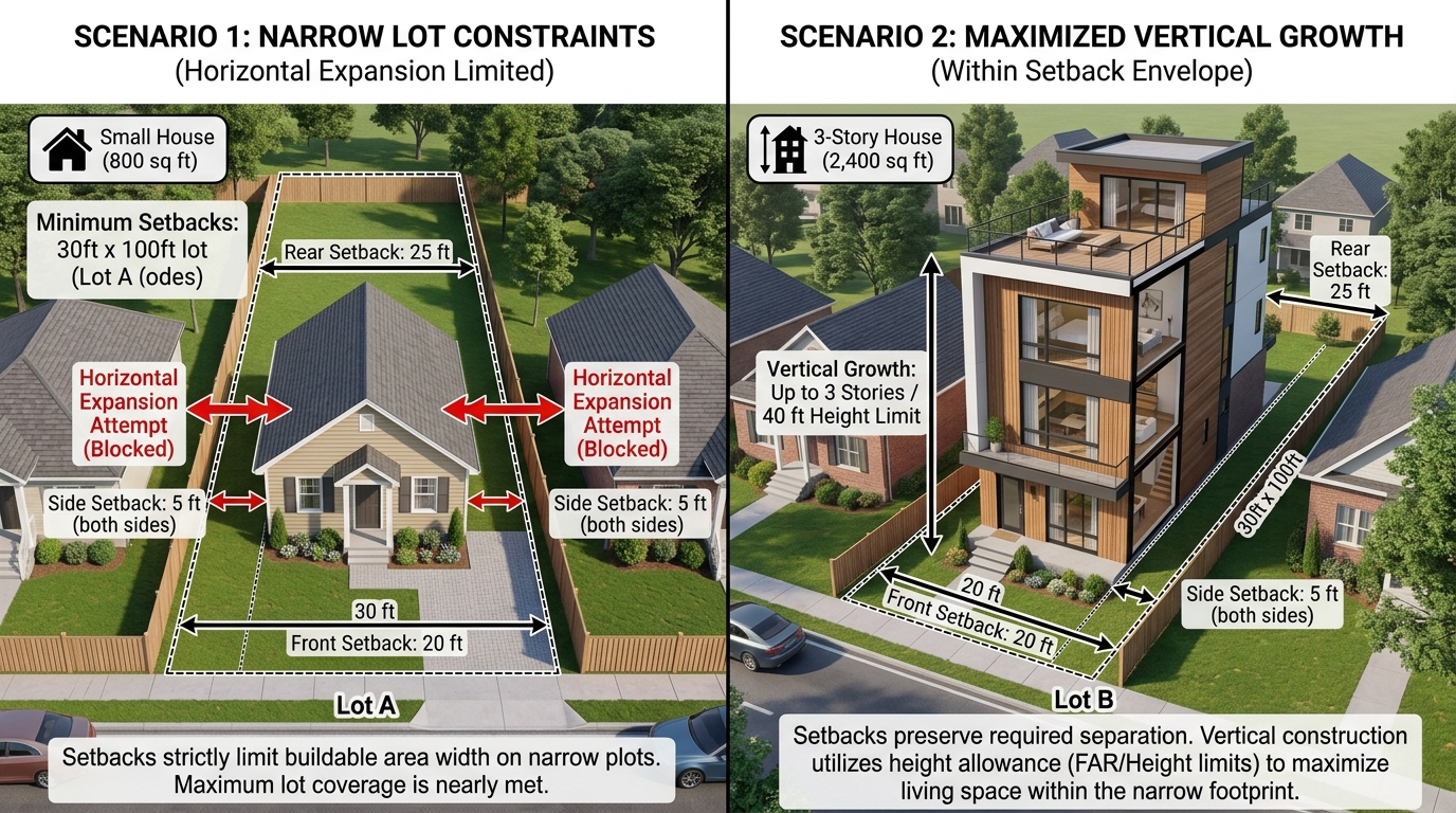 Chicago lot constraints showing how setback requirements limit side additions but allow second-story expansion
