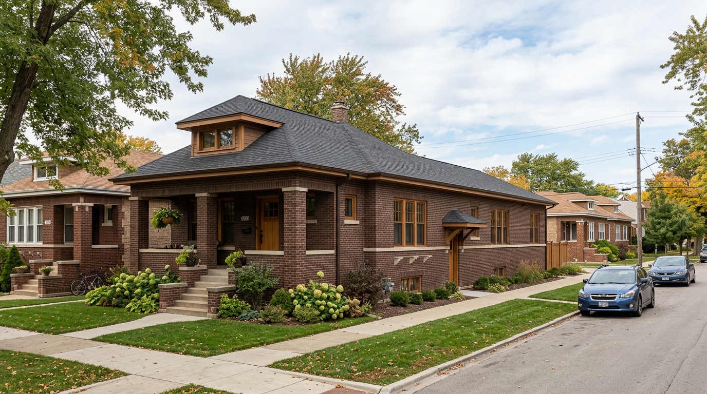 Side room addition on Chicago bungalow maintaining single-story profile and neighborhood character