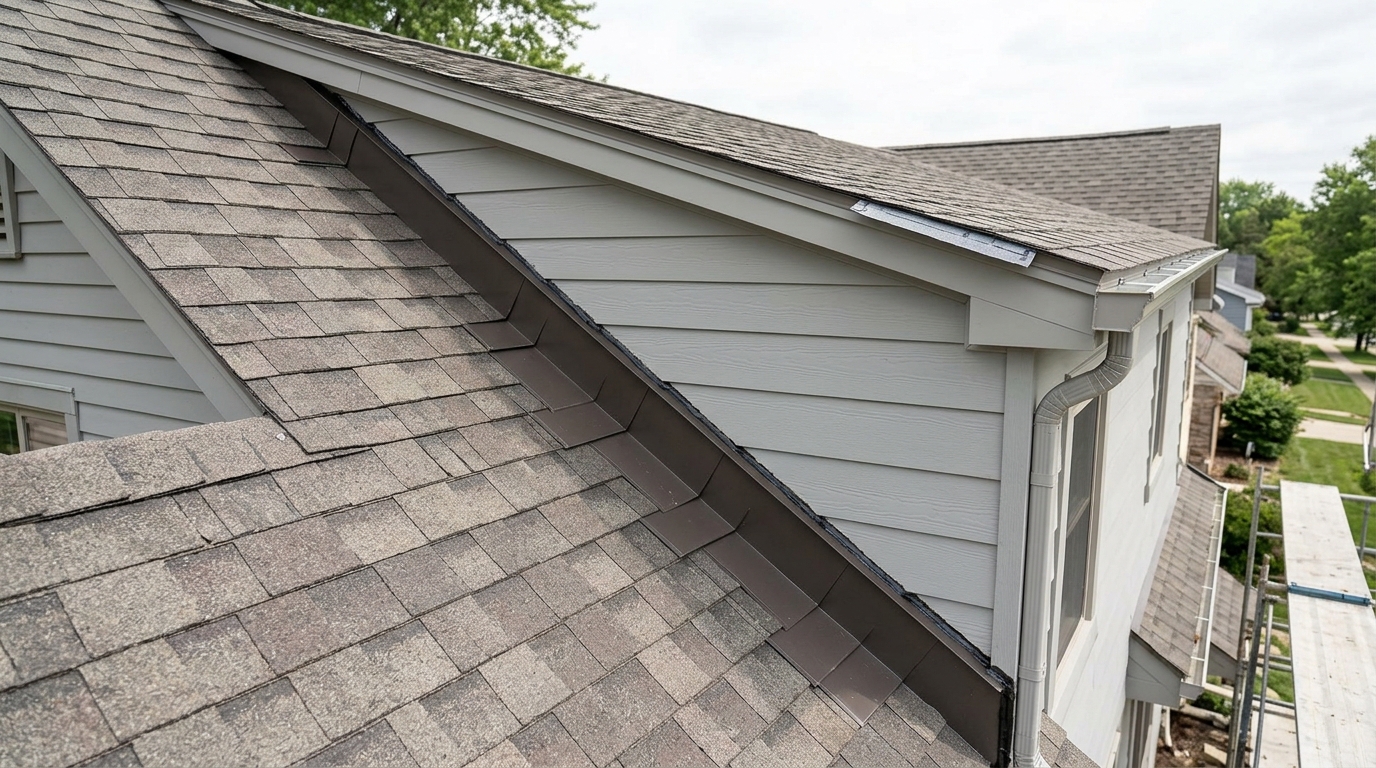 Roof integration detail in second-story addition showing structural connection and weatherproofing