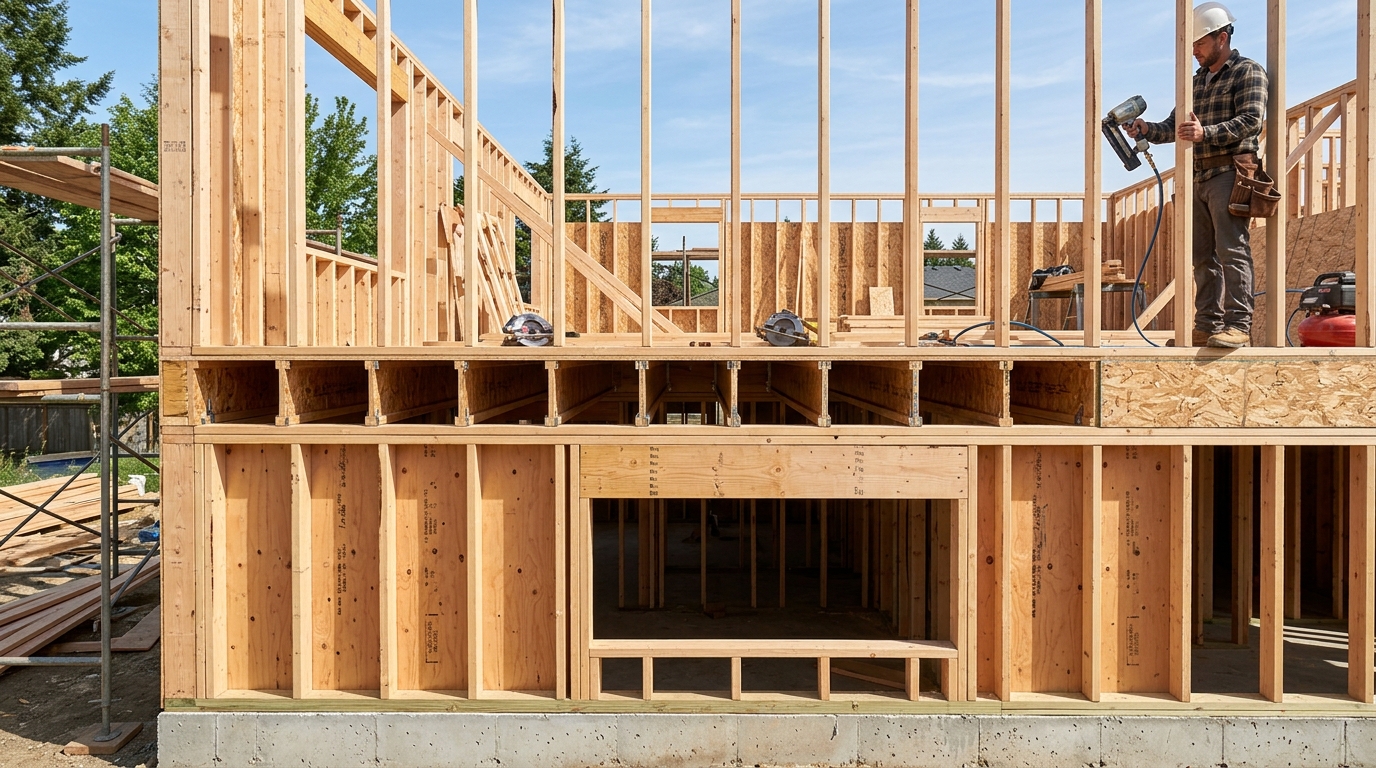 Load-bearing wall framing for second-story addition showing proper structural alignment and support