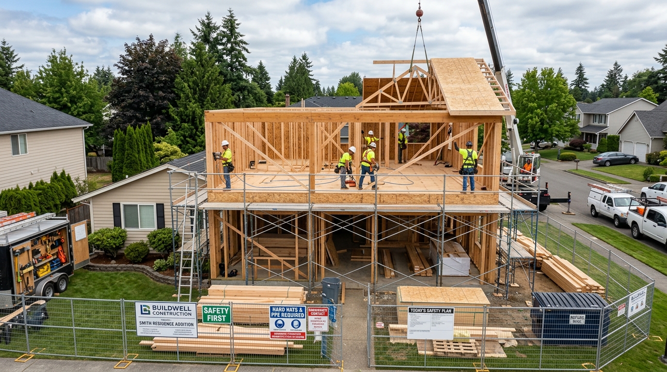 Well-managed second-story addition construction project showing professional contractor practices