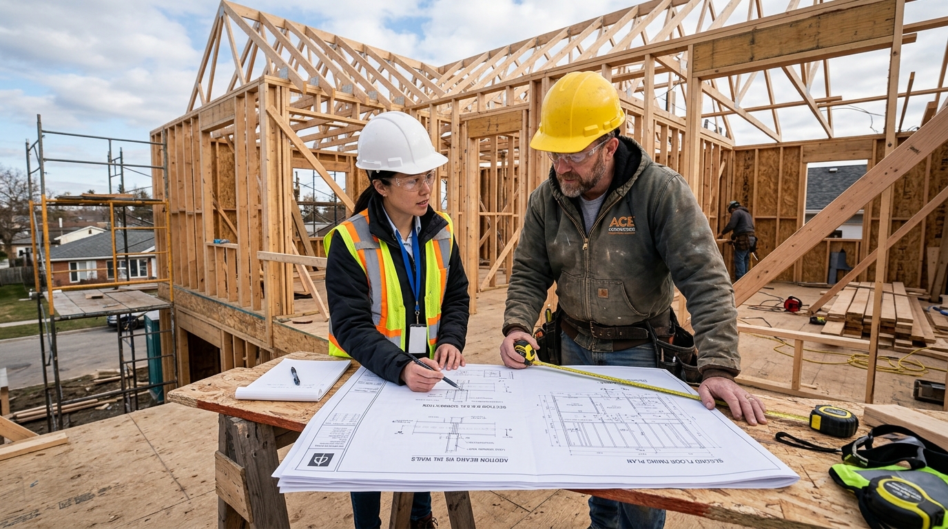 Contractor and structural engineer coordinating on second-story addition structural work