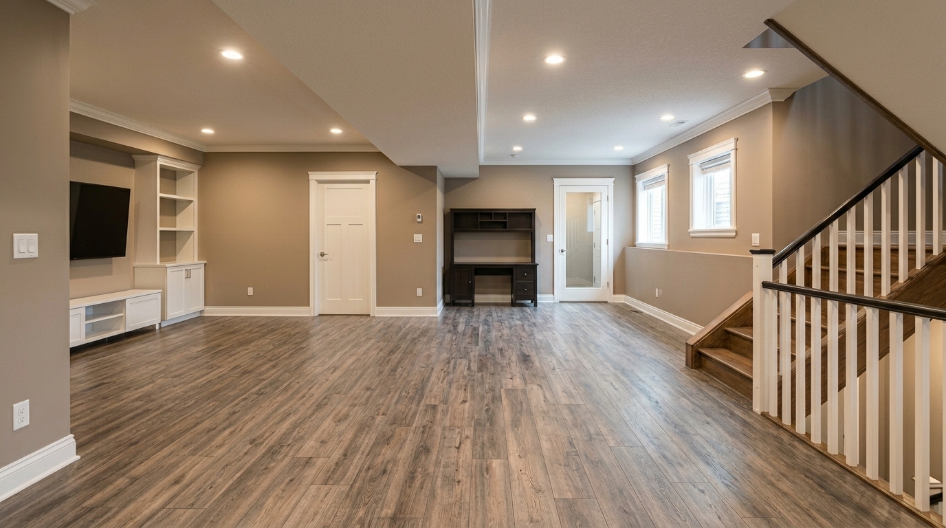 Finished basement flooring and layout in Chicago home basement remodeling project