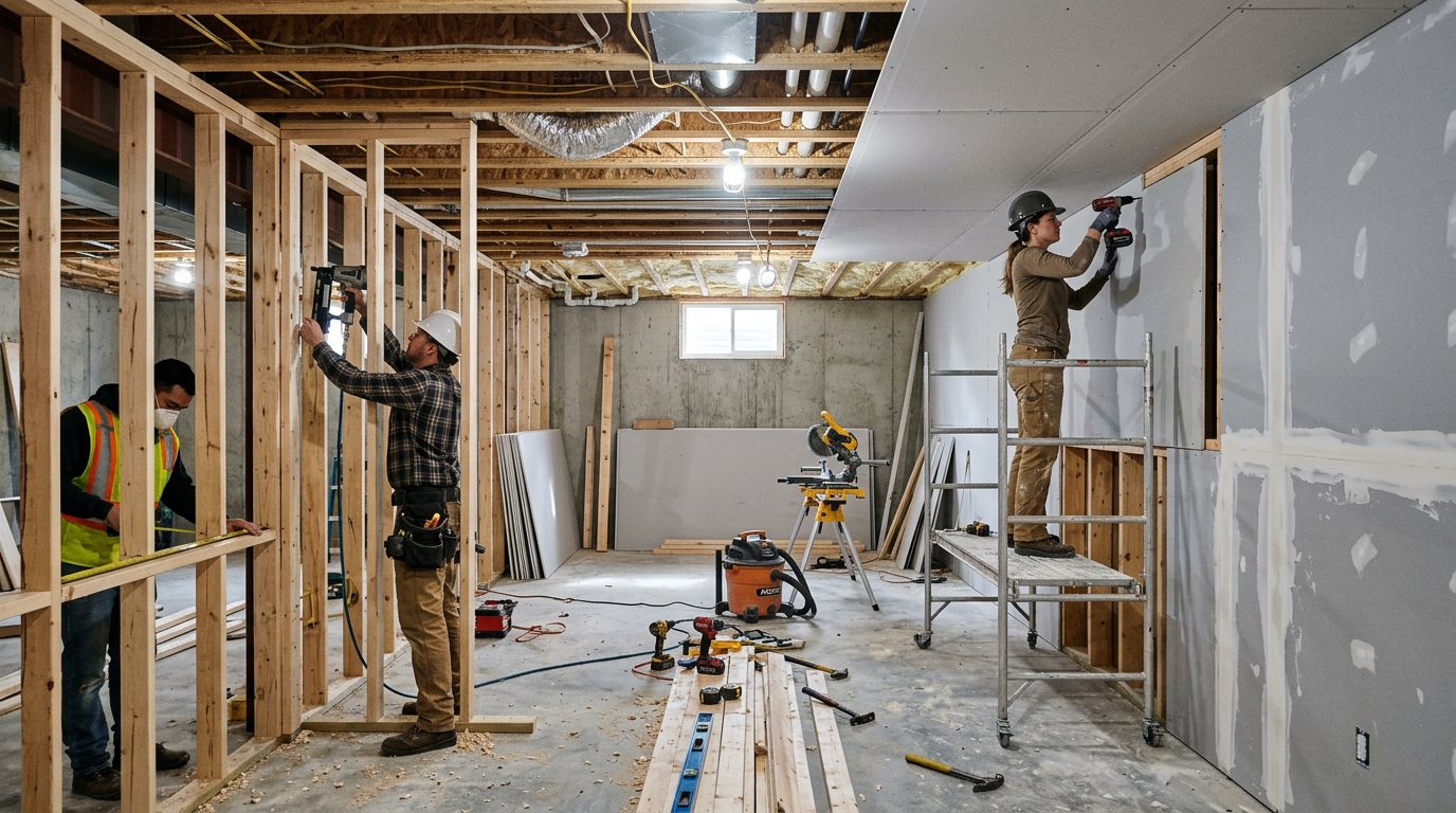 Basement remodeling framing and drywall work showing construction quality in Chicago basement finish