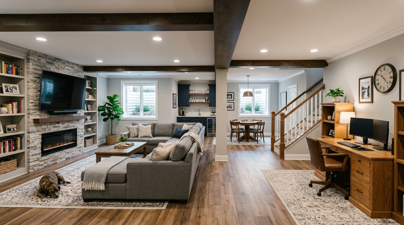 Completed basement home office or family room in Chicago showing finished renovation and function