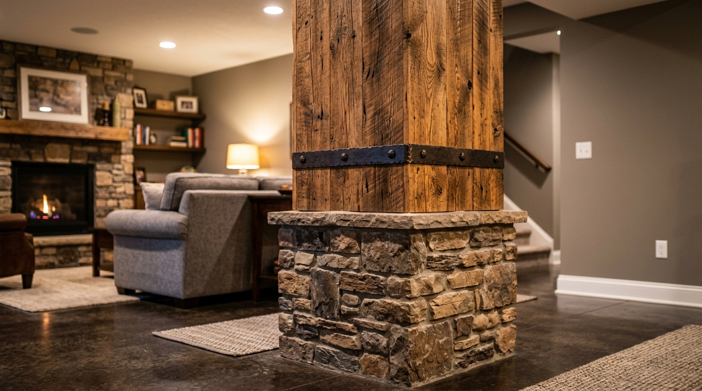 Basement structural column wrapped in decorative material as intentional design feature