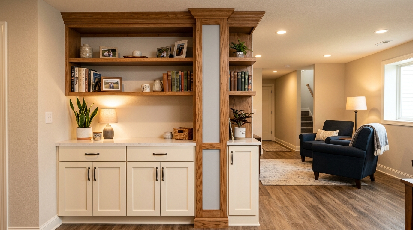 Basement column integrated with built-in shelving and storage creating functional design feature