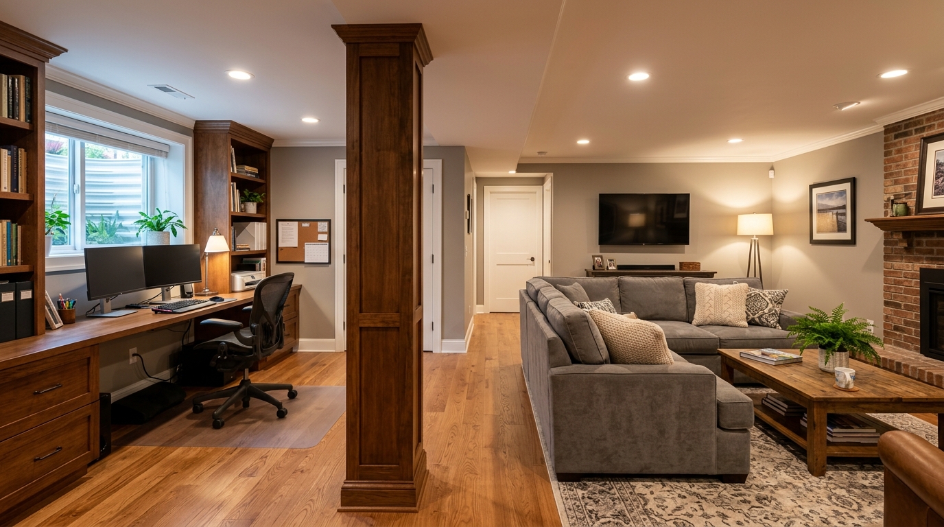 Basement column serving as room divider between functional zones in finished Chicago basement