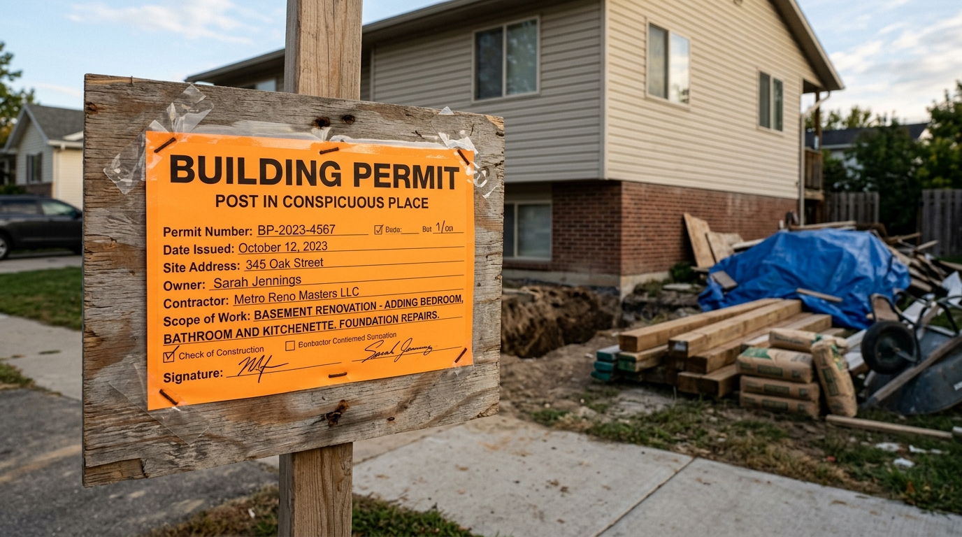 Building inspector reviewing basement remodeling plans and work for code compliance
