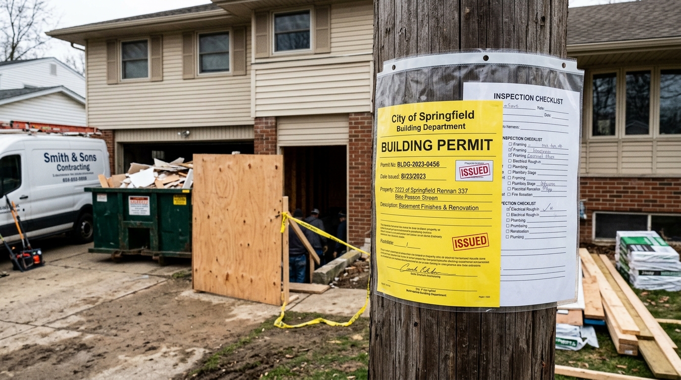 Building code compliance documentation and permits for basement renovation approval