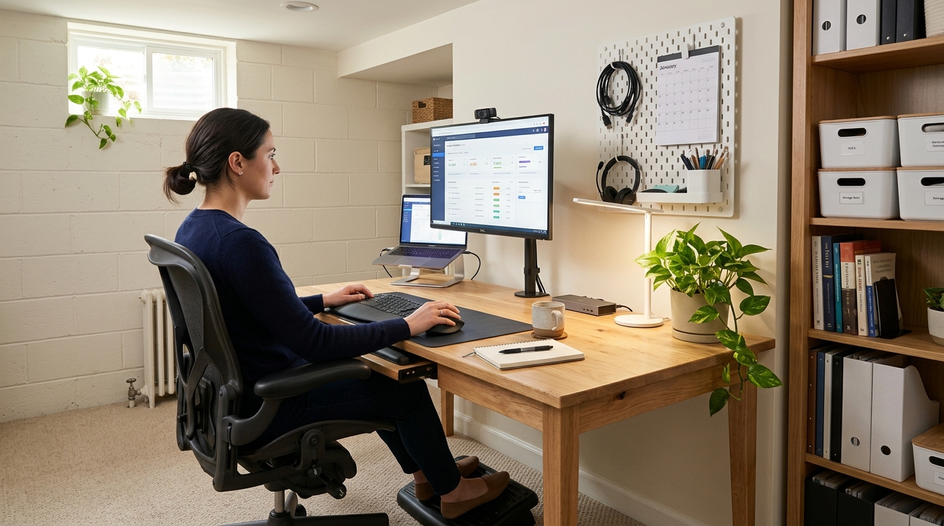 Ergonomic basement office workspace with proper desk height, monitor positioning, and vertical storage solutions