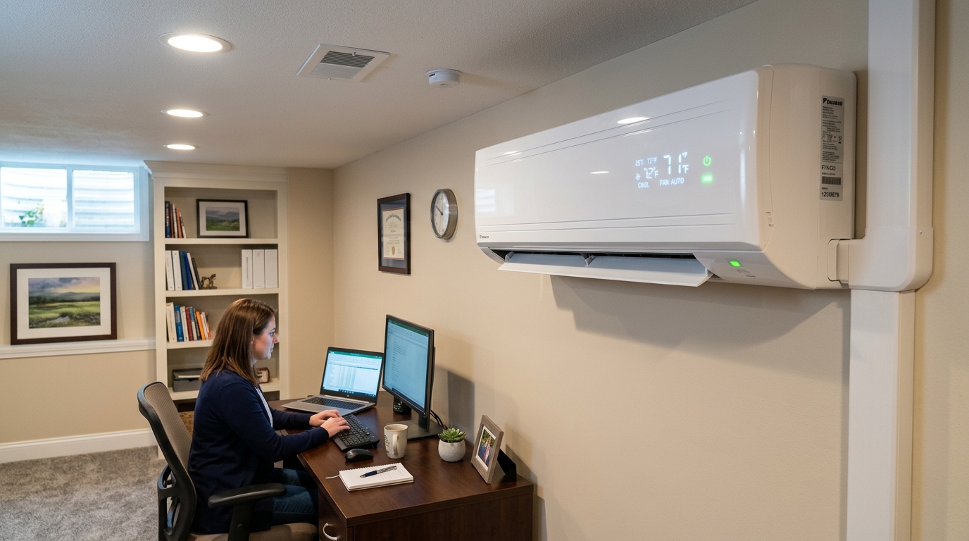 Mini-split HVAC system installed in basement home office for independent temperature and humidity control