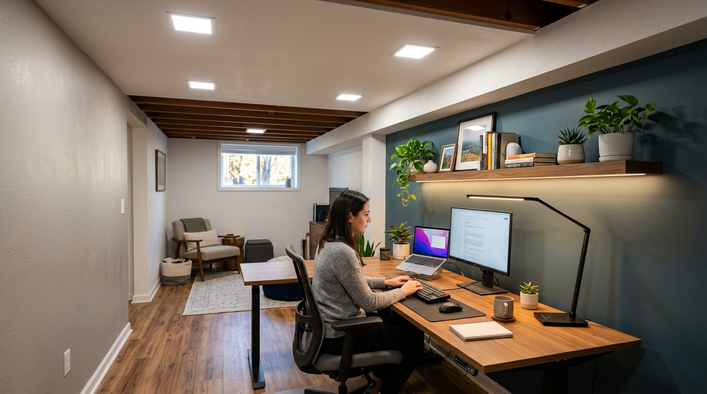 Basement office with layered lighting setup including overhead fixtures, desk lamp, and accent lighting