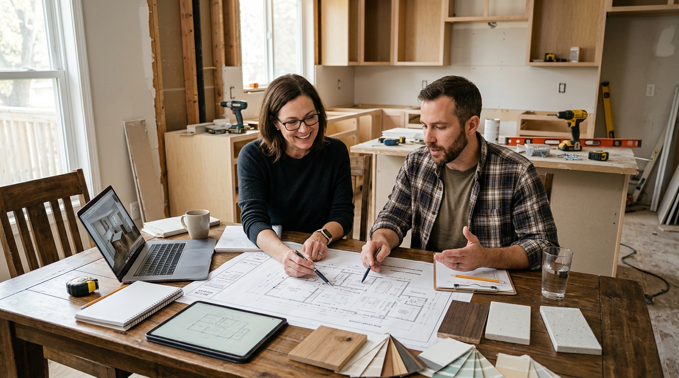 Homeowner consultation meeting with contractor reviewing gut renovation plans and budget timeline