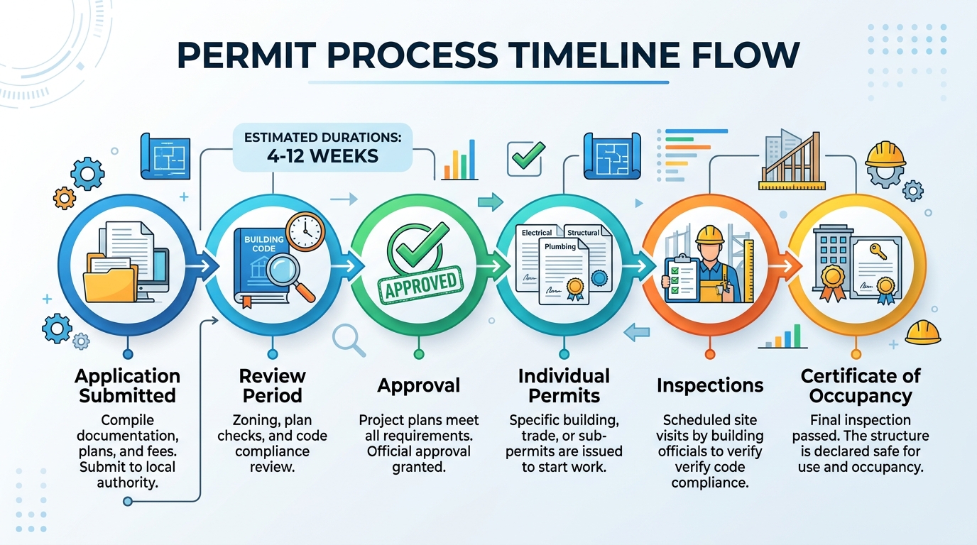 Timeline visualization showing Chicago building permit process from application through certificate of occupancy