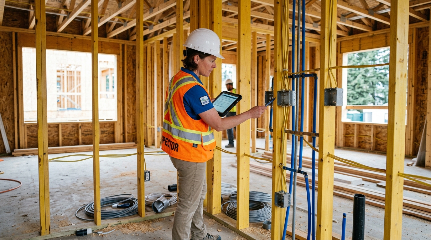 Chicago building inspector examining framed construction during framing inspection phase of renovation
