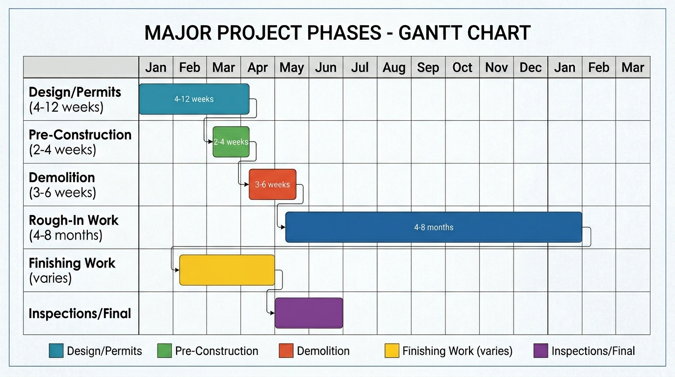 Gantt chart showing gut renovation phase timeline from design through final inspection with duration estimates