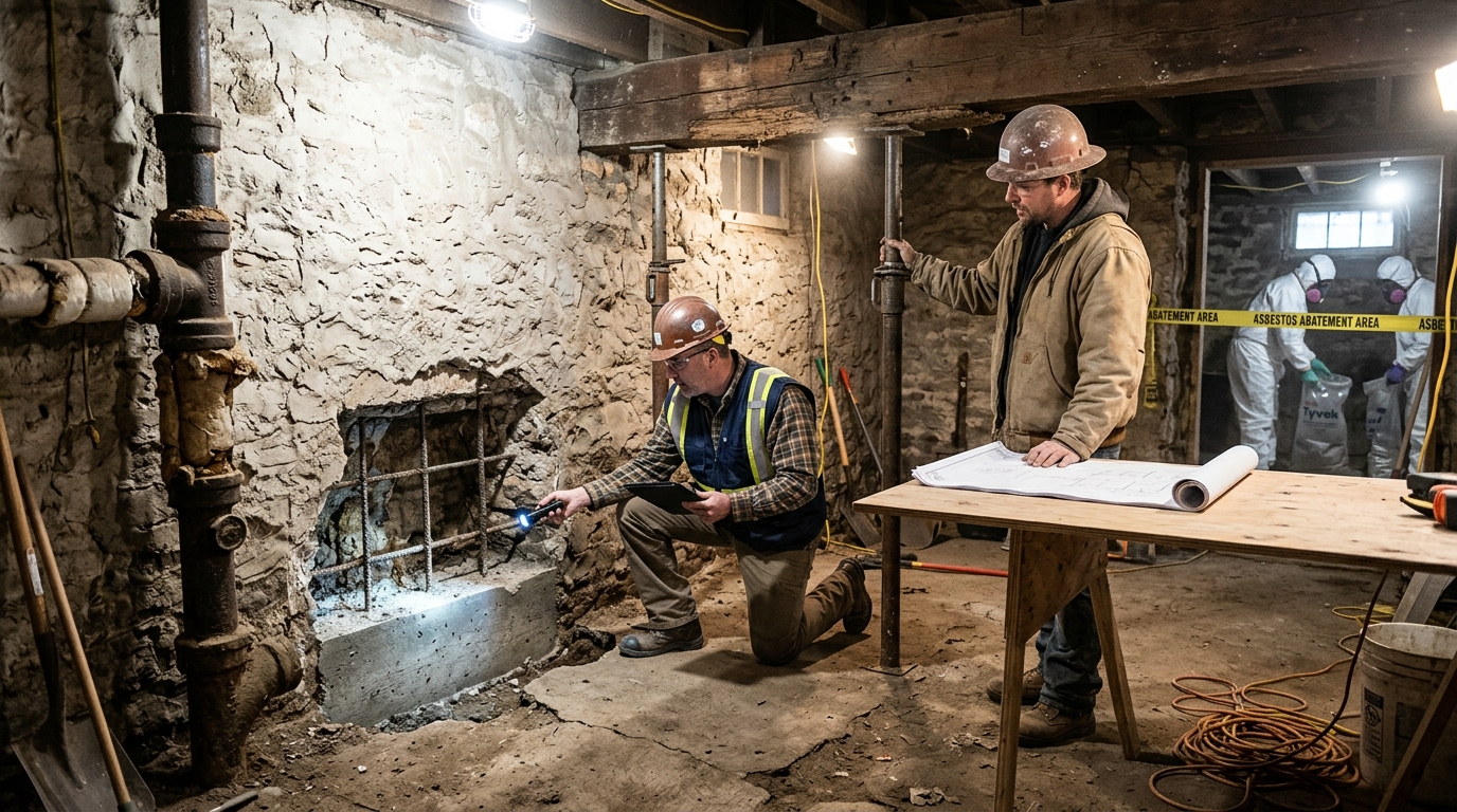 Structural engineer assessing foundation and beam reinforcement work in historic Chicago home basement
