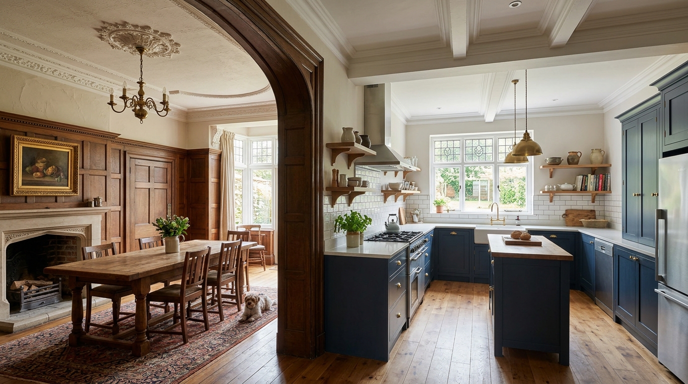Historic interior showing preserved plaster crown molding and original details alongside modern kitchen renovation
