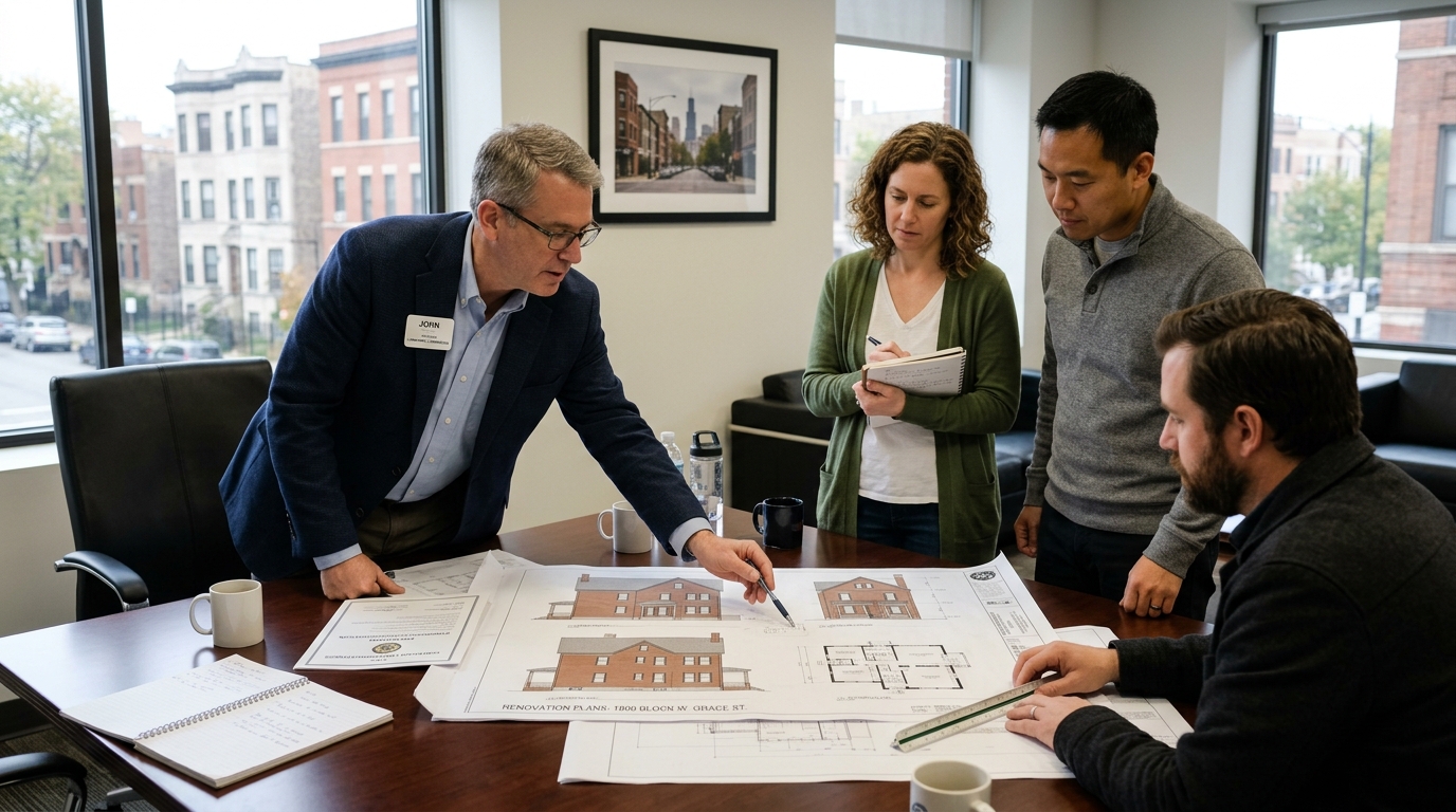 Historic preservation review meeting with architect and homeowners discussing renovation plans for Chicago landmark property