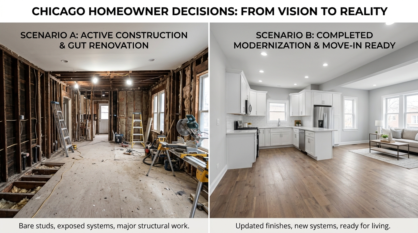 Chicago home with updated modern kitchen and primary bathroom visible while secondary spaces remain original