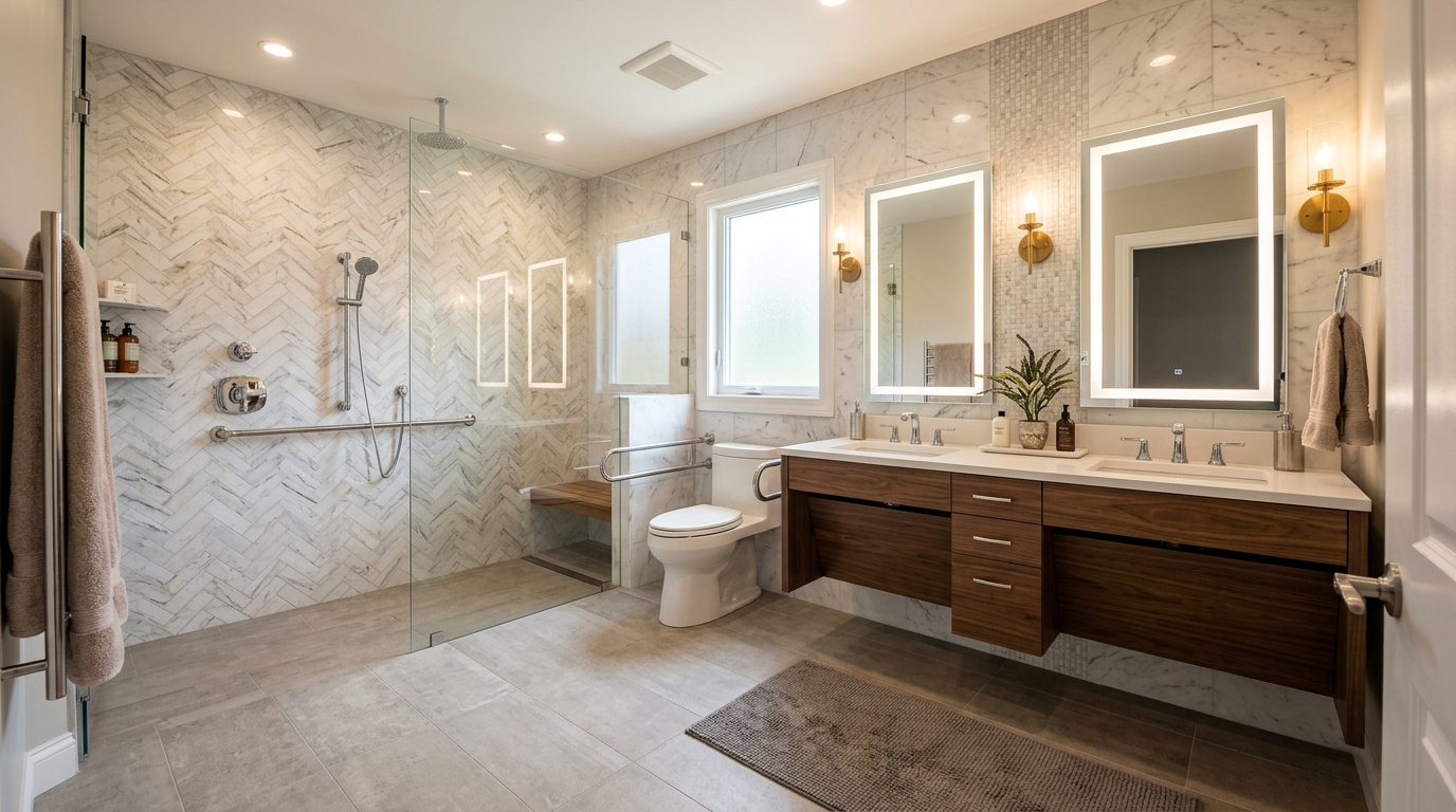 Luxurious master bathroom with heated floors, premium finishes, and integrated accessibility features for independent living