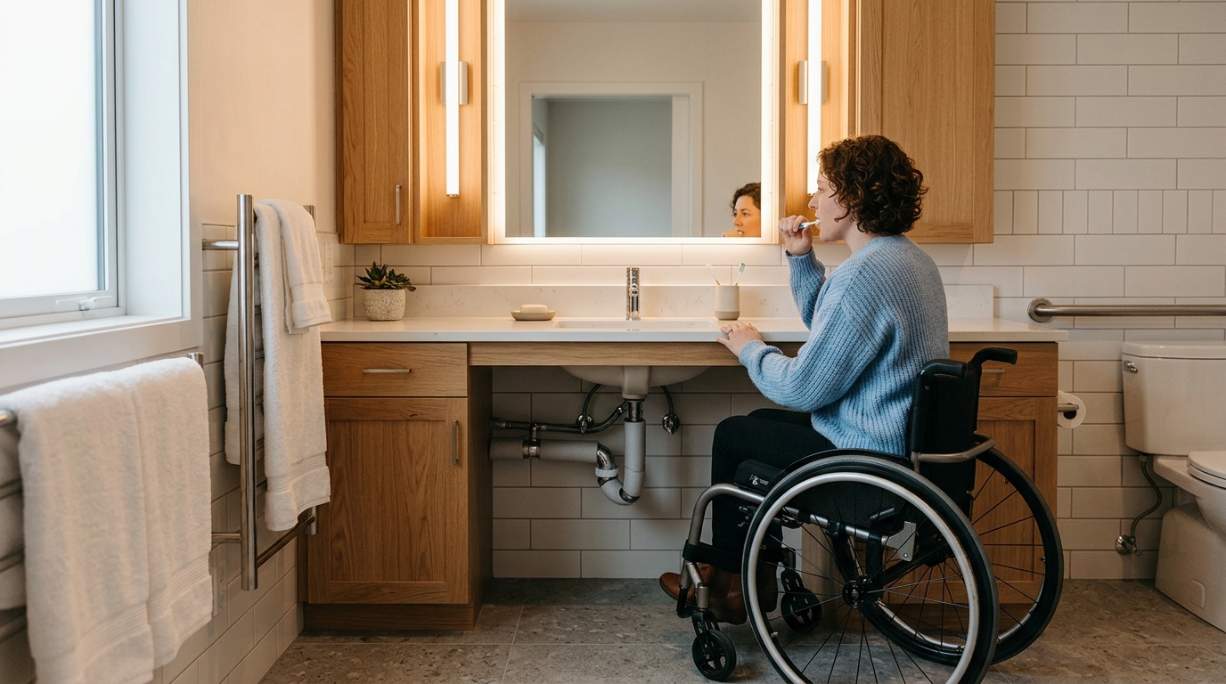 Accessible bathroom vanity with proper height and knee clearance designed for wheelchair users or standing with limited mobility