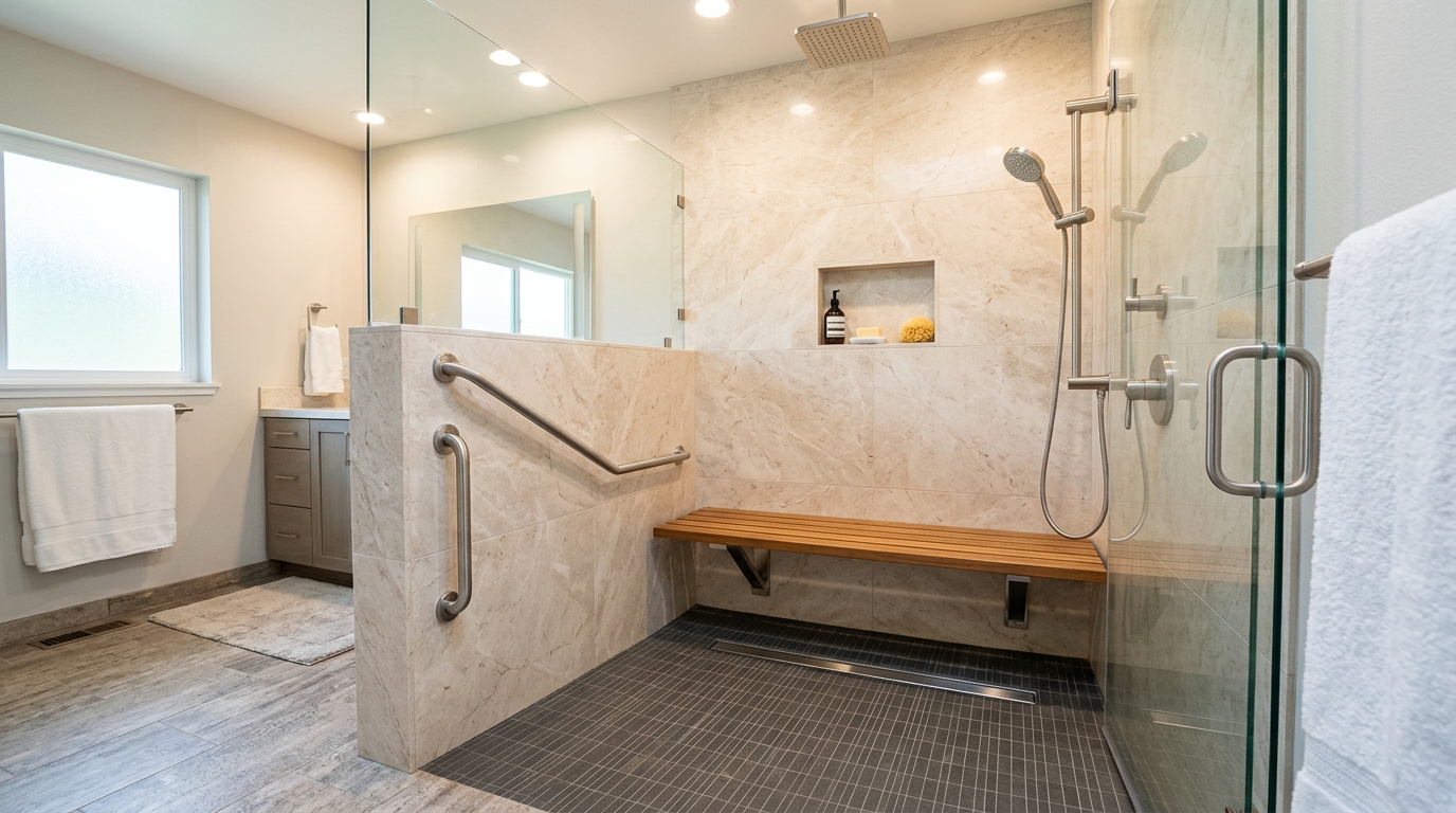 Accessible walk-in shower with curb-free entry, grab bars, built-in bench, and integrated accessibility features