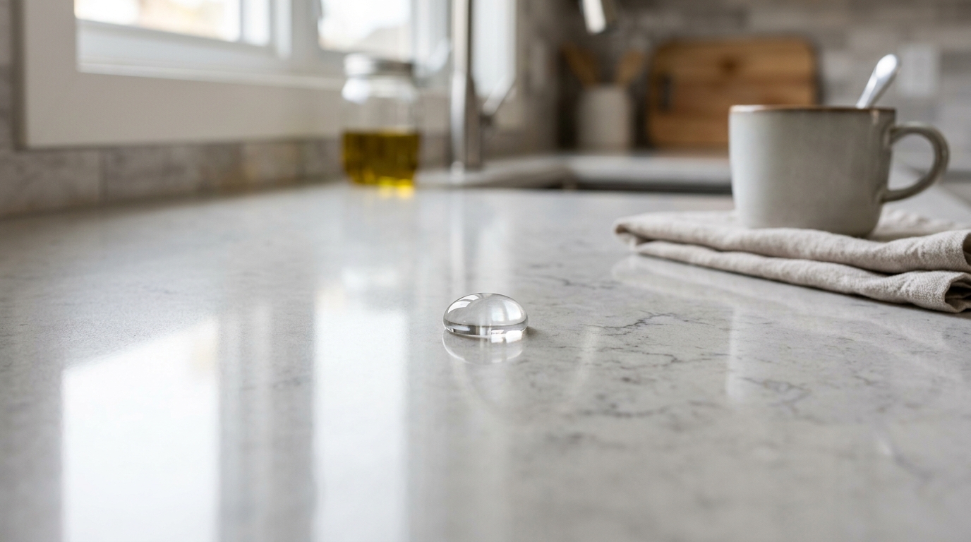 Countertop surface showing water-resistant, durable finish protecting against daily bathroom use and moisture