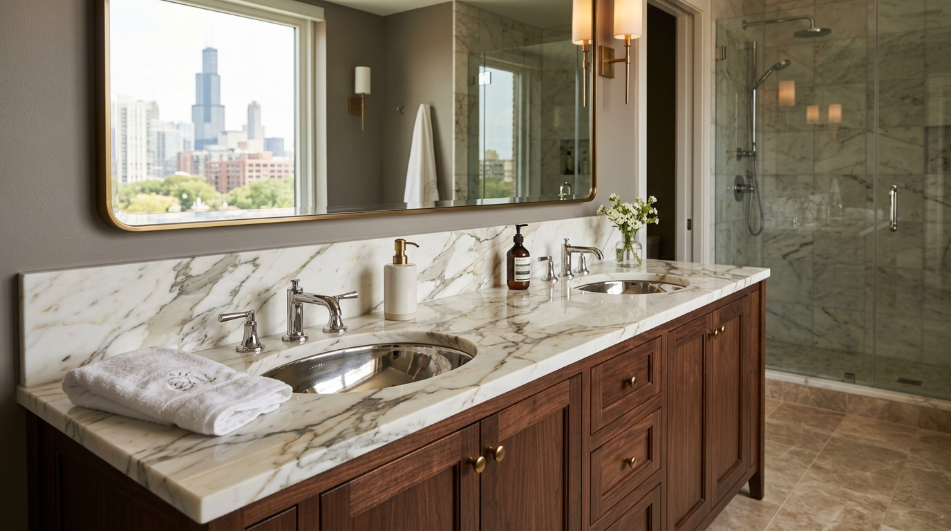 Marble or granite countertop showing natural stone veining and elegant finish in luxury master bathroom