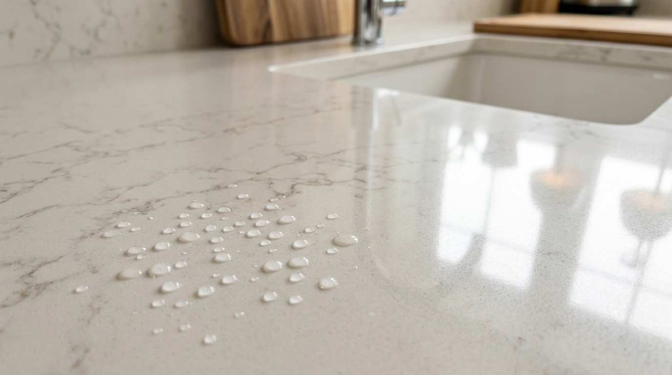 Close-up of quartz countertop surface showing polished finish, color consistency, and non-porous durability