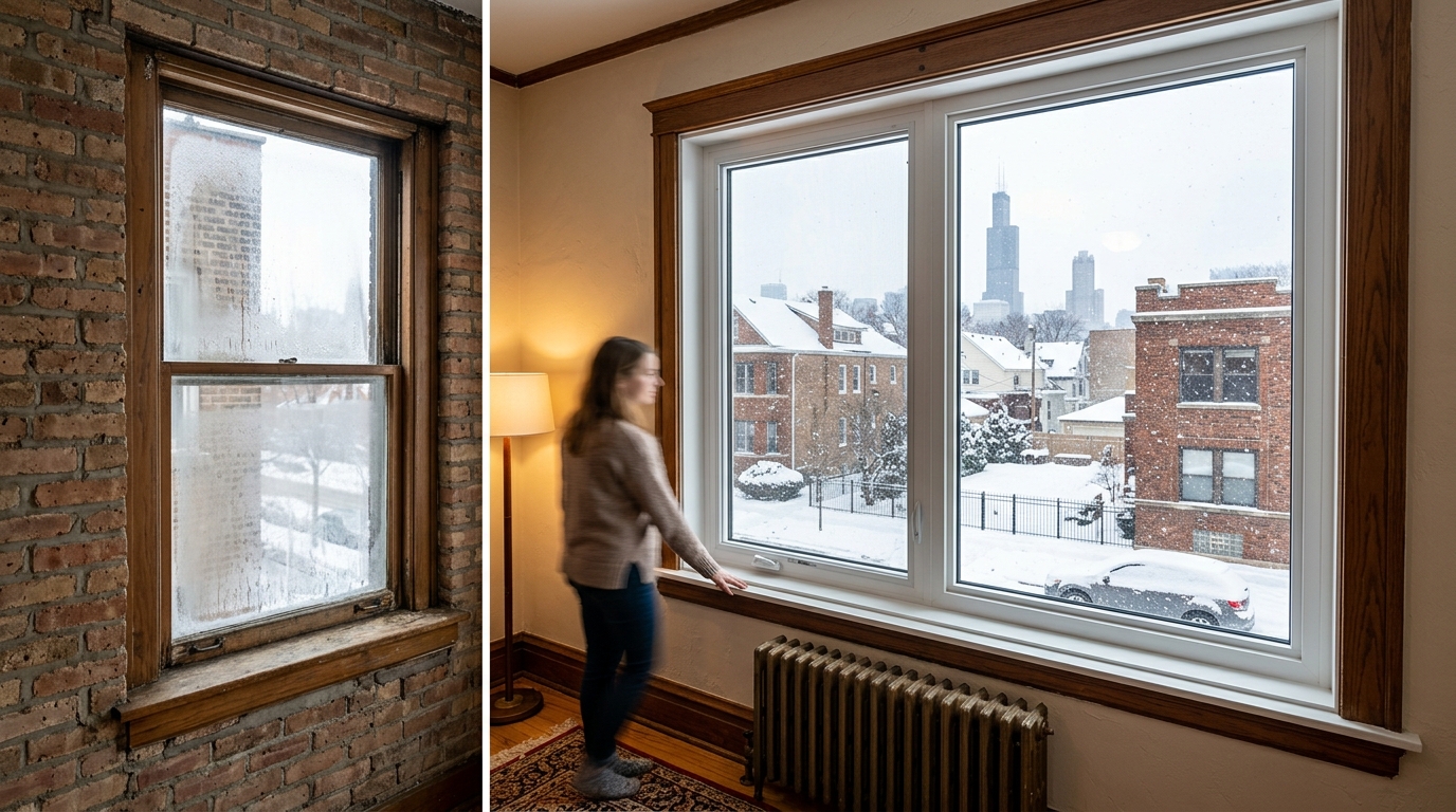 Comparison of original Chicago windows showing age and deterioration versus replacement windows maintaining condition