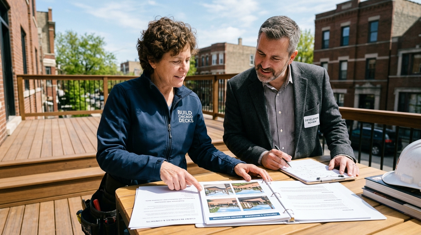 Contractor showing portfolio of completed Chicago deck projects and references demonstrating construction experience