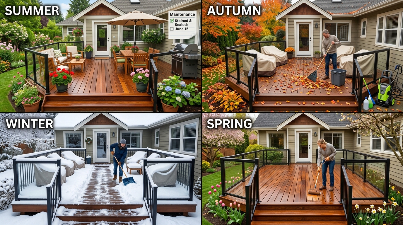 Comparison showing freeze-thaw damage to inadequate deck materials versus durable deck handling Chicago winters