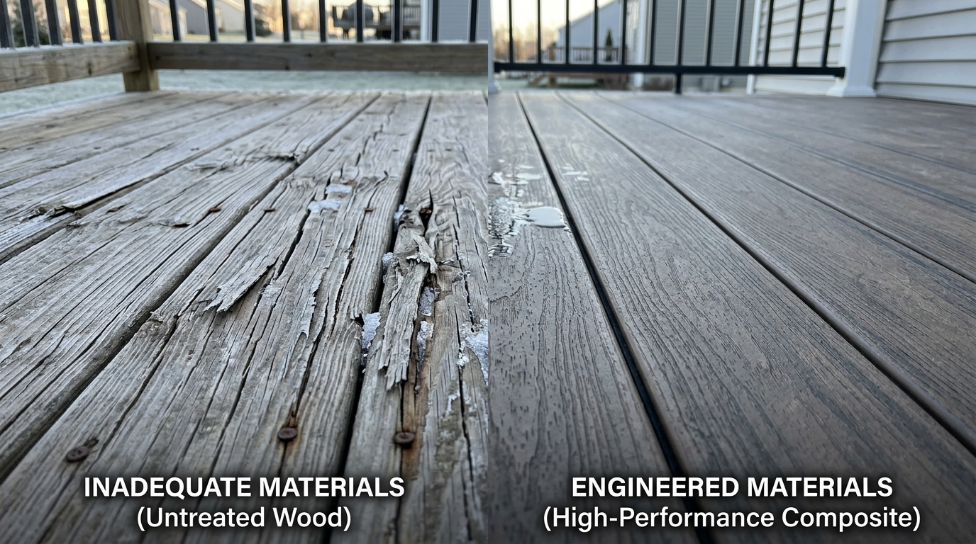 Well-maintained Chicago deck showing seasonal care including winter snow management and protective maintenance