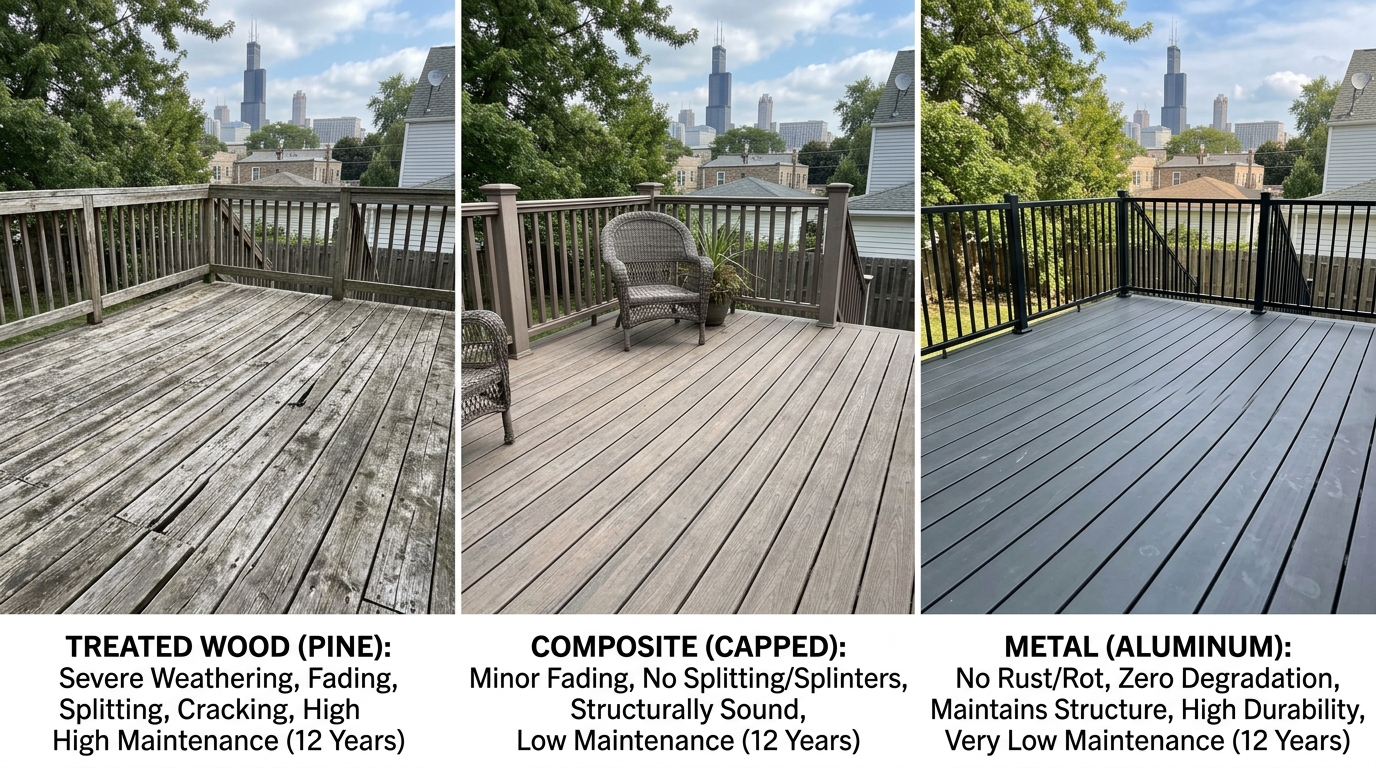 Comparison of deck materials including treated wood, composite, and metal showing durability differences in Chicago