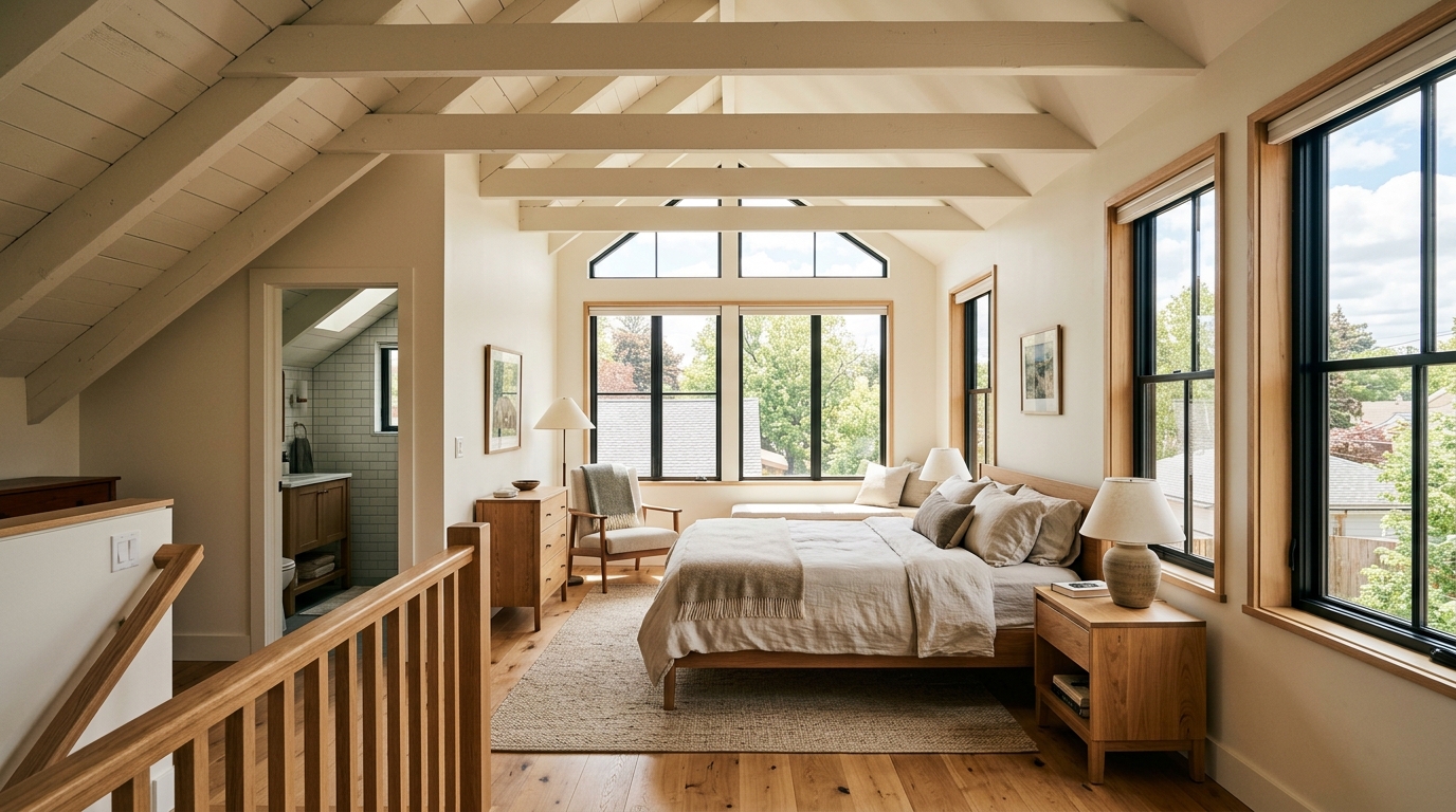 Interior of dormer addition showing bright new bedroom or living space created in Chicago historic home
