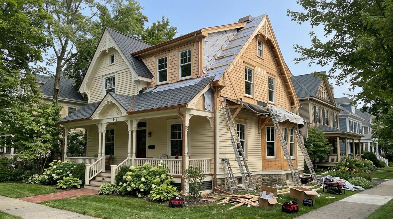 Dormer addition installation showing integration with original roofline and matching architectural character