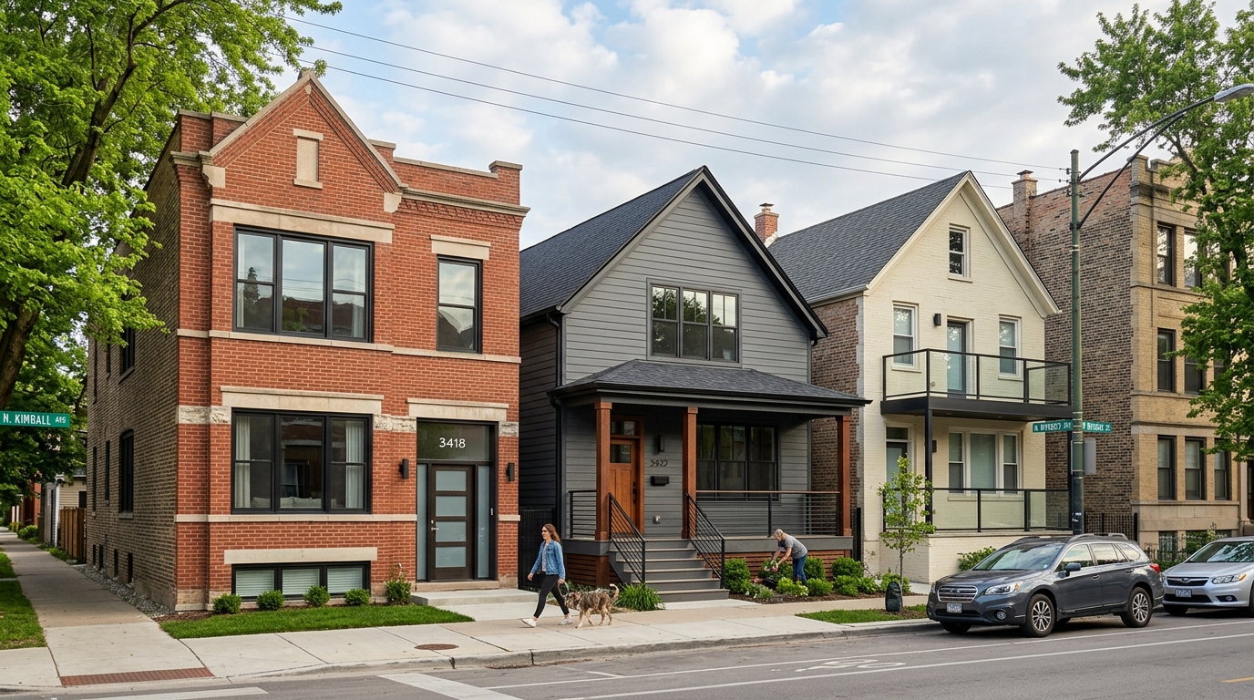 Renovated Chicago home in emerging neighborhood showing updated siding while respecting original neighborhood character