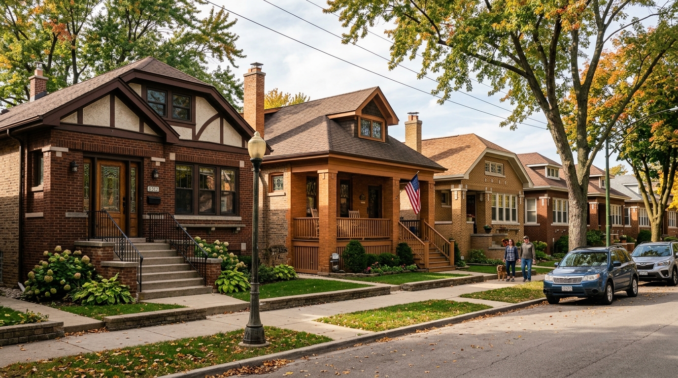 Chicago bungalow showing characteristic steep roof line, stoop entry, and brick or siding typical of bungalow belt