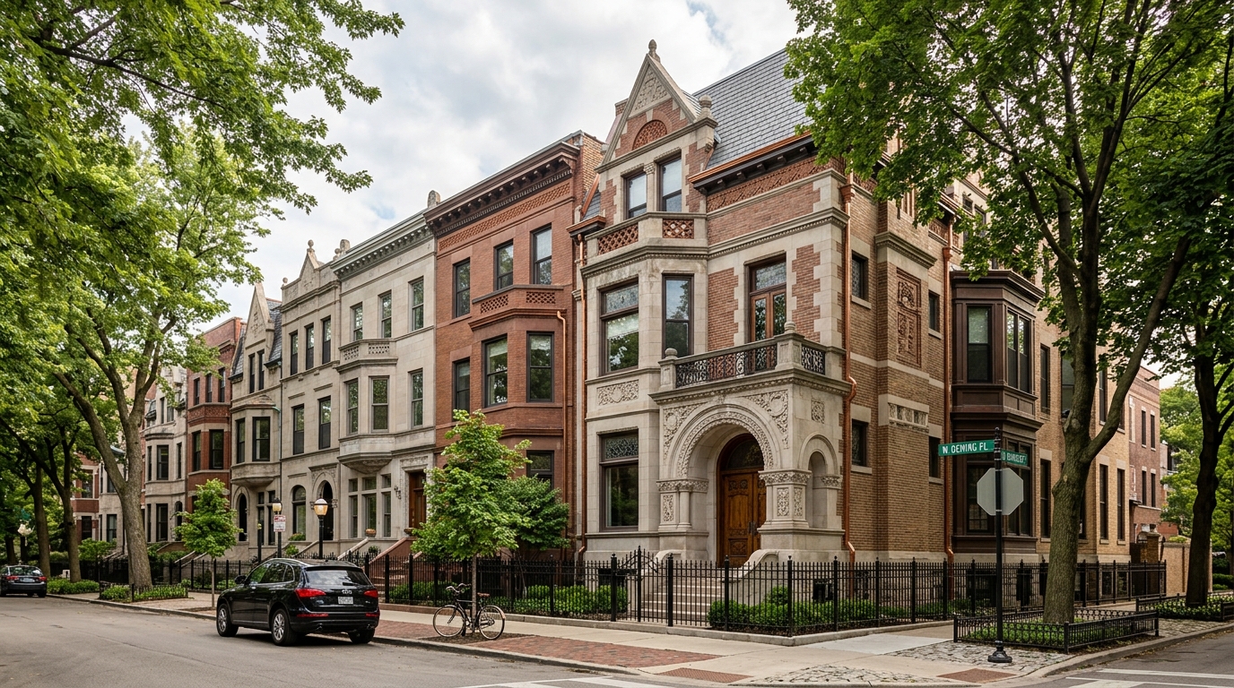 Elegant brownstone and mansion exterior in Lincoln Park neighborhood showing premium siding and architectural details