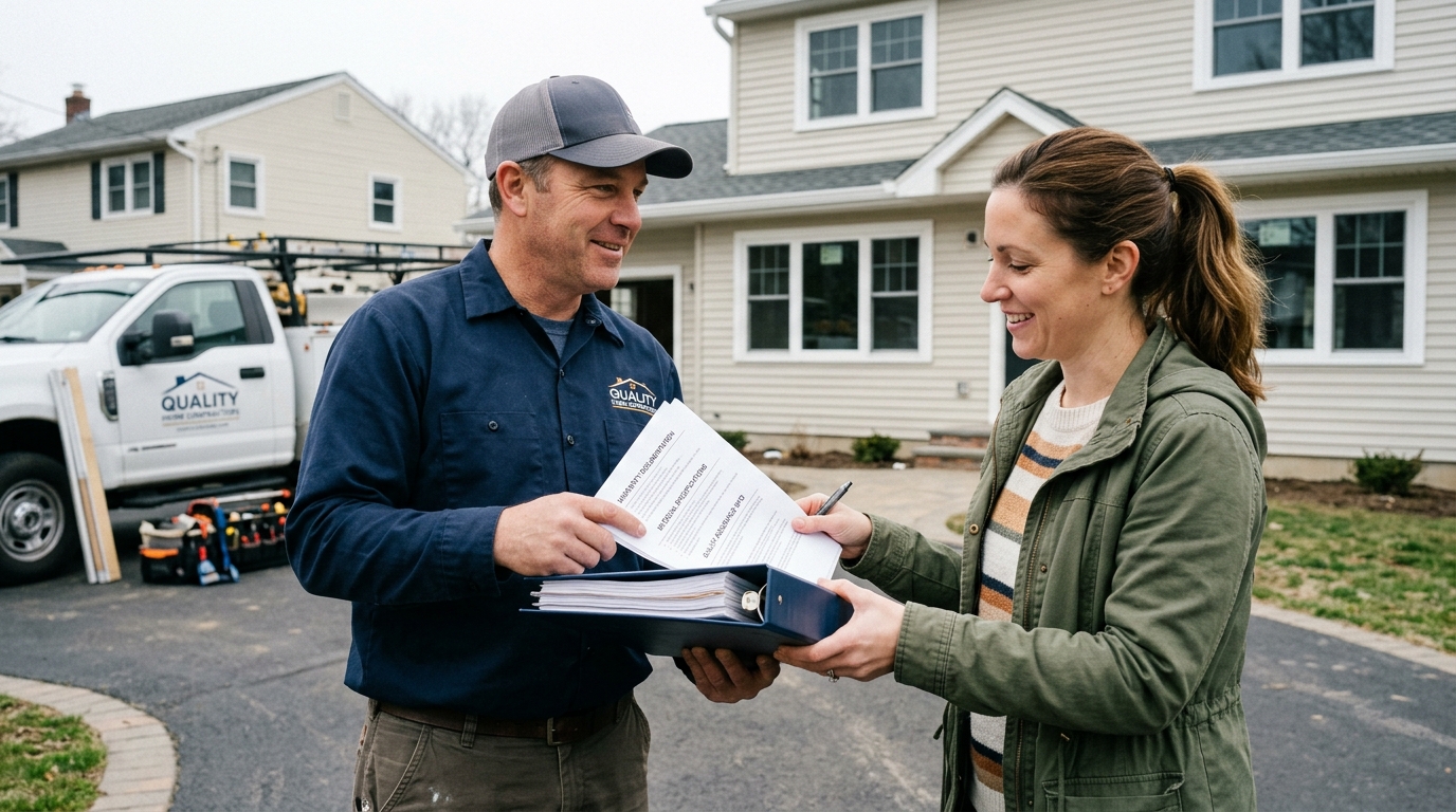 Contractor providing warranty documentation and quality assurance information for siding renovation work