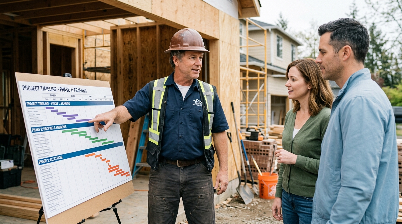 Contractor explaining siding renovation timeline and construction process to homeowner during project planning