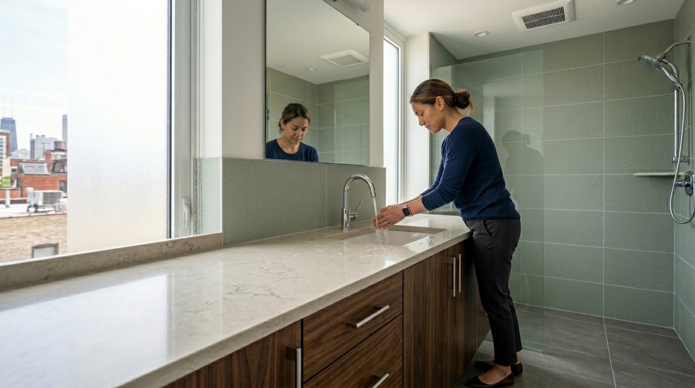 Modern bathroom with moisture-resistant tile, sealed grout, quartz countertops, and quality cabinetry for Chicago humidity