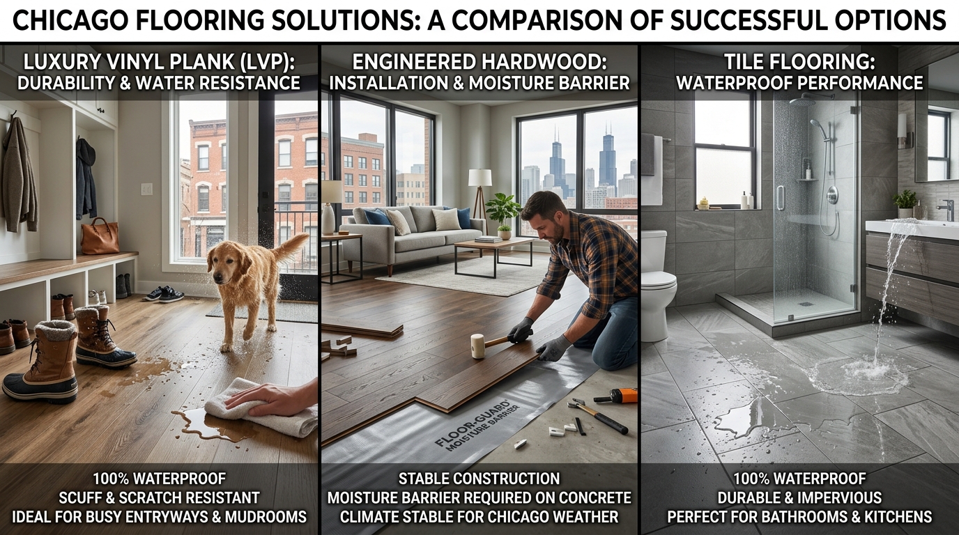 Flooring installation showing water-resistant luxury vinyl plank and engineered hardwood with proper moisture barriers